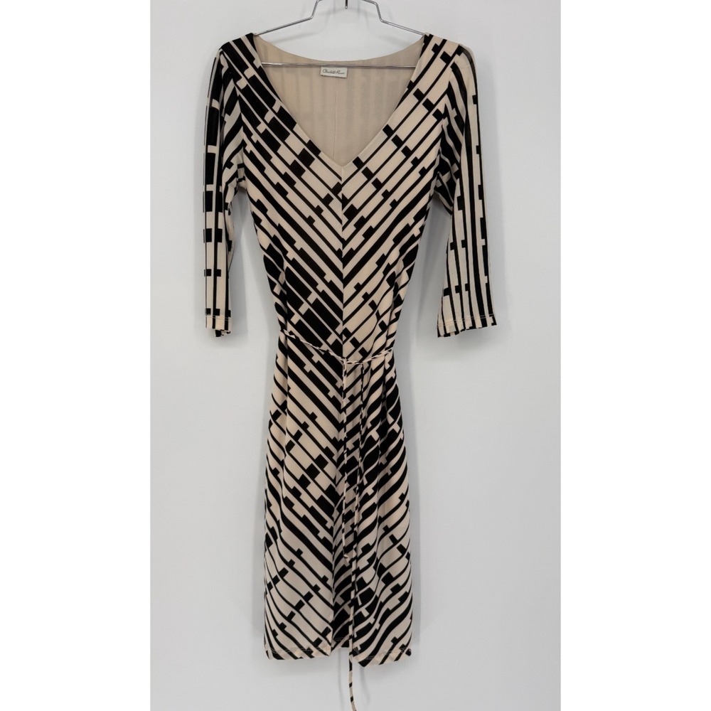 Black Ivory Geometric V Neck Midi Dress 3/4 Sleeve Office Career Cocktail Y2k